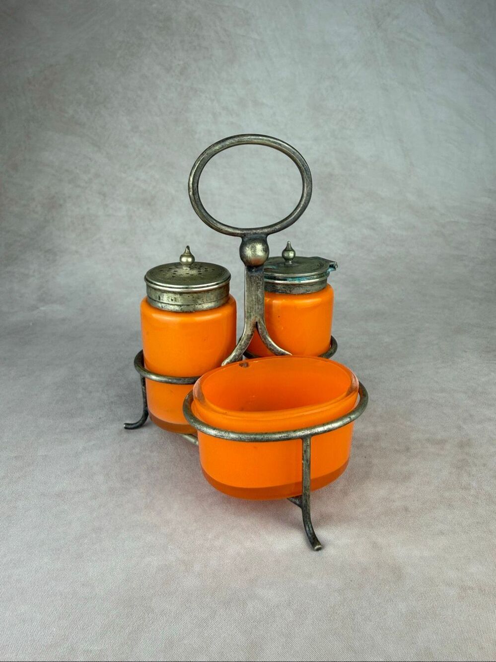 Vintage Art Deco Orange Glass Cruet Set EPNS Silverplate Stand Glows